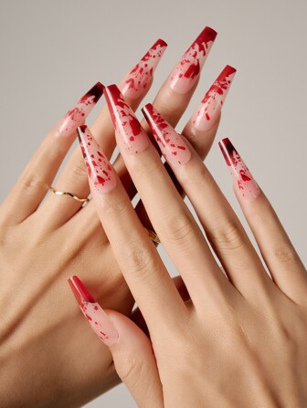 萬聖節24入組長款棺材撞色假指甲和1入組指甲銼和1張膠帶