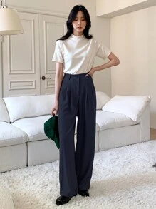 DAZY Quần âu ống đứng rộng rãi màu trơn công sở thường ngày, quần âu nữ - Màu xanh hải quân - Xem 4