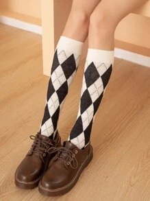 Argyle Pattern Over The Calf Socks - Multicolor - View 1