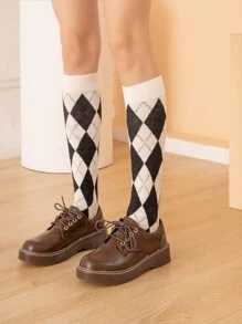 Argyle Pattern Over The Calf Socks - Multicolor - View 3