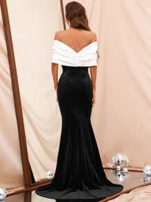 Faeriesty Colour Block Off Shoulder Ruched Bust Velvet Prom Dress - Black and White - View 2