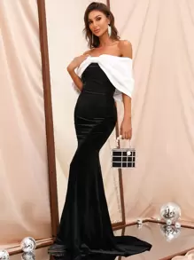 Faeriesty Colour Block Off Shoulder Ruched Bust Velvet Prom Dress - Black and White - View 1