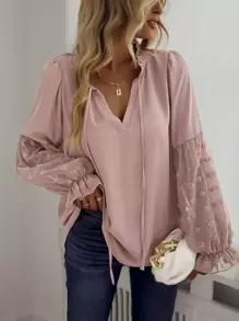 SHEIN LUNE Swiss Dot Frill Trim Blouse - Dusty Pink - View 1