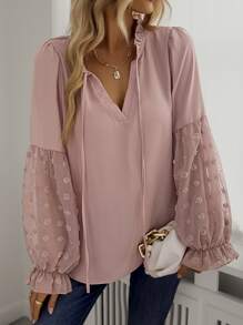 SHEIN LUNE Swiss Dot Frill Trim Blouse - Dusty Pink - View 3