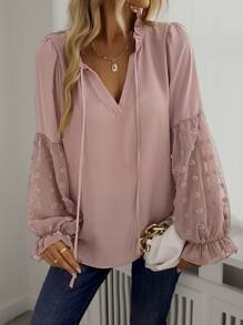 SHEIN LUNE Swiss Dot Frill Trim Blouse - Dusty Pink - View 4