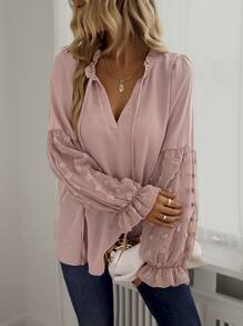 SHEIN LUNE Swiss Dot Frill Trim Blouse - Dusty Pink - View 5