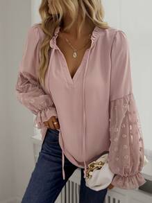 SHEIN LUNE Swiss Dot Frill Trim Blouse - Dusty Pink - View 6