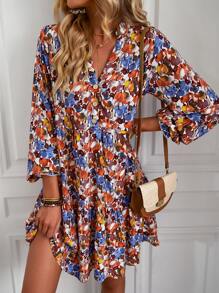 SHEIN Holidaya 缺口领口荷叶边下摆娃娃裙度假海滩装女款 - 彩色 - 查看 4