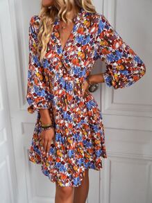 SHEIN Holidaya 缺口领口荷叶边下摆娃娃裙度假海滩装女款 - 彩色 - 查看 6