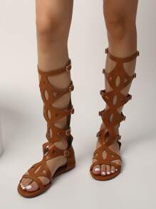 Sandalias de gladiador con abertura con diseño de hebilla - Marrón - Ver 5