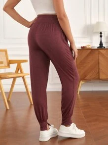 SHEIN Maternity Adjustable Waist Split Hem Trousers - Redwood - View 2