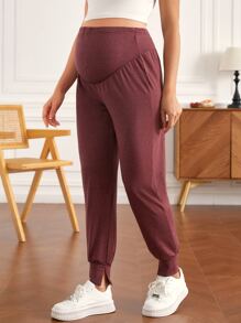 SHEIN Maternity Adjustable Waist Split Hem Trousers - Redwood - View 5