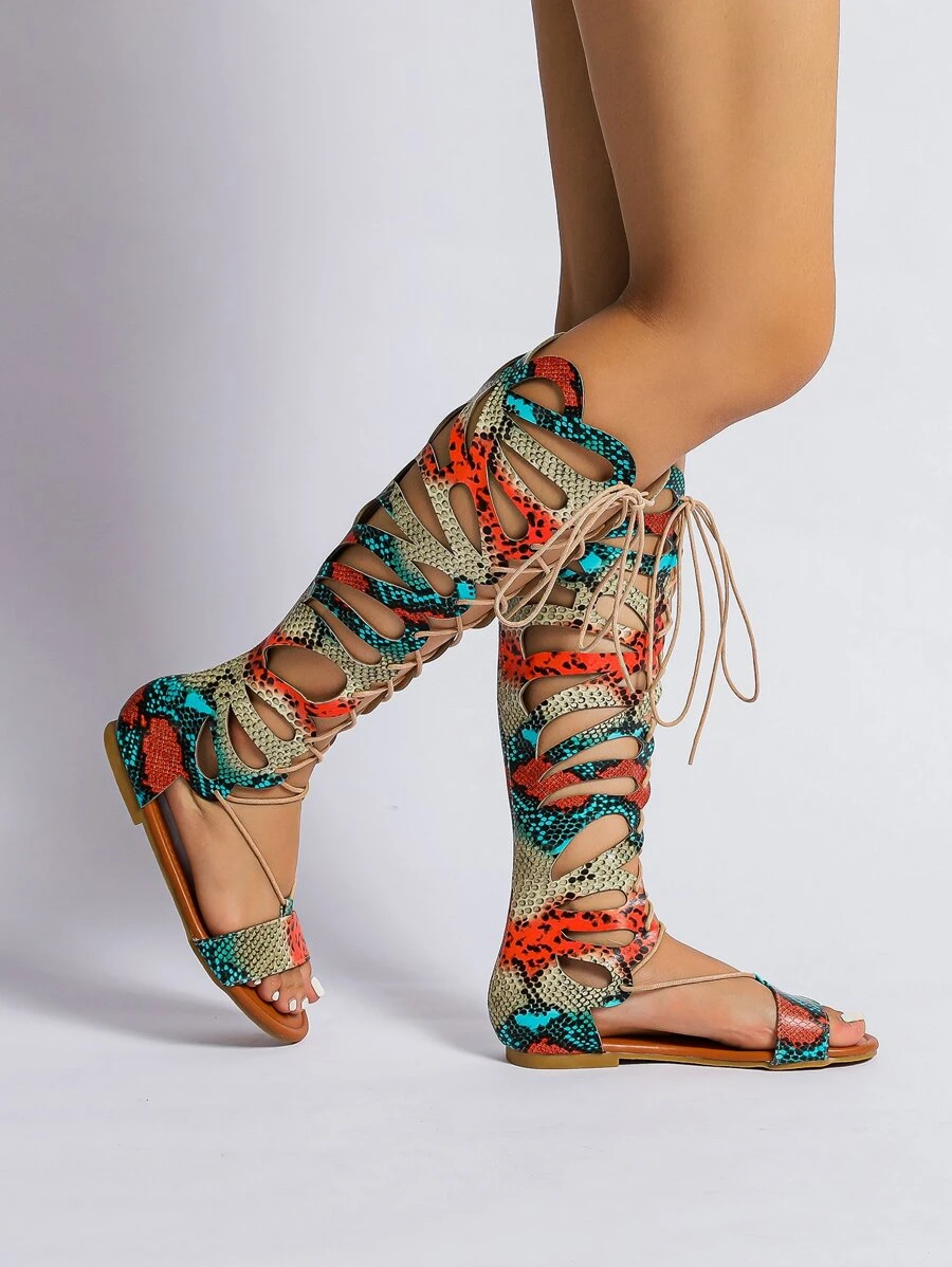 Snakeskin Embossed Hollow Out Lace-up Front Sandals - Multicolor - View 1