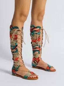 Snakeskin Embossed Hollow Out Lace-up Front Sandals - Multicolor - View 2