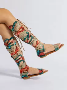 Snakeskin Embossed Hollow Out Lace-up Front Sandals - Multicolor - View 3