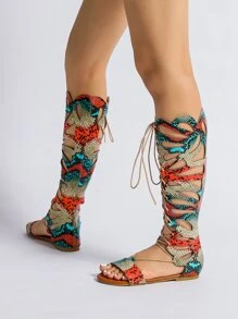 Snakeskin Embossed Hollow Out Lace-up Front Sandals - Multicolor - View 4