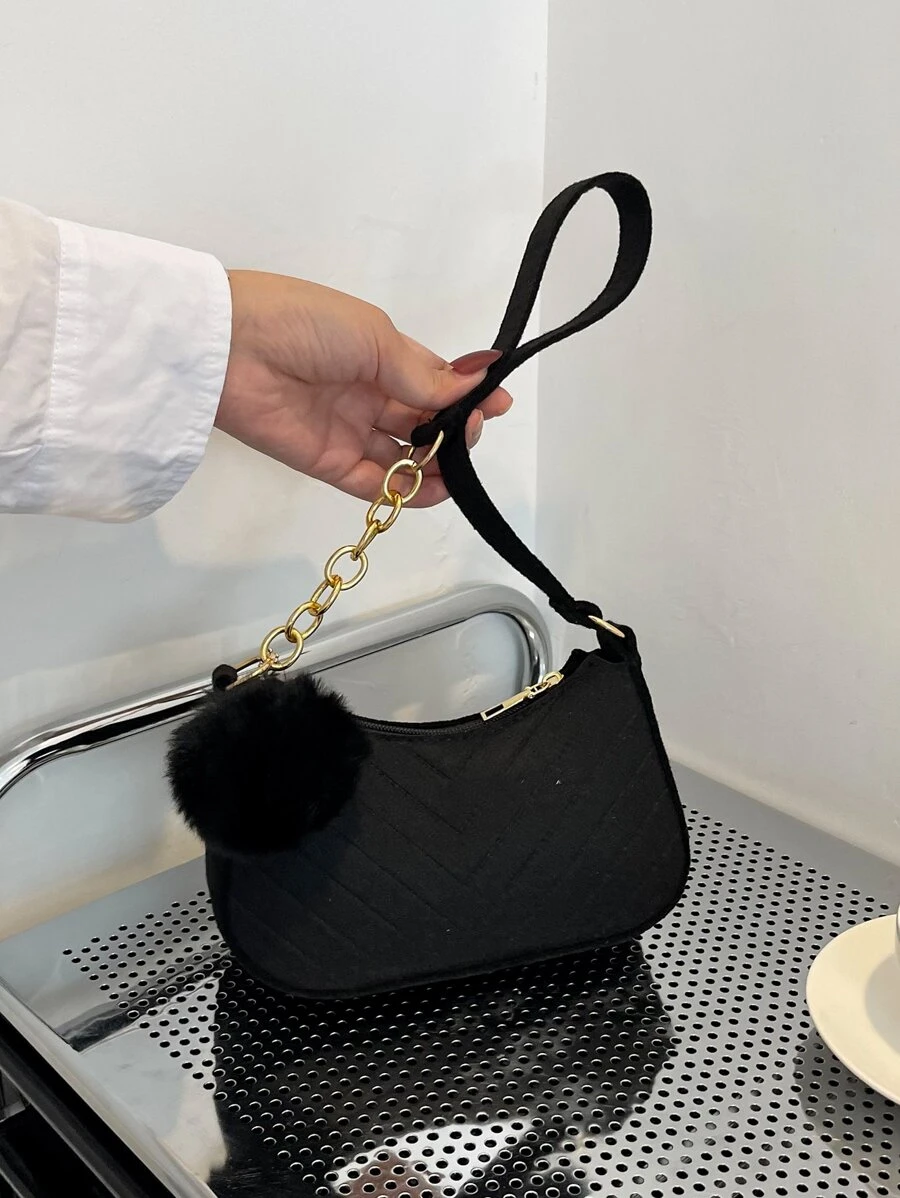 輕便商務休閒 Pom Pom 裝飾 Hobo 包，適合青少年女孩、女大學生、菜鳥和白領，非常適合辦公室、大學、工作、商務、通勤、戶外、旅行、郊遊 - 黑色 - 查看 1