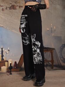 ROMWE Goth Skull & Butterfly Print Jeans - Black - View 3