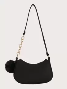 輕便商務休閒 Pom Pom 裝飾 Hobo 包，適合青少年女孩、女大學生、菜鳥和白領，非常適合辦公室、大學、工作、商務、通勤、戶外、旅行、郊遊 - 黑色 - 查看 2