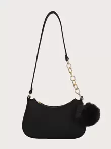 輕便商務休閒 Pom Pom 裝飾 Hobo 包，適合青少年女孩、女大學生、菜鳥和白領，非常適合辦公室、大學、工作、商務、通勤、戶外、旅行、郊遊 - 黑色 - 查看 3