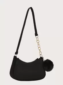 輕便商務休閒 Pom Pom 裝飾 Hobo 包，適合青少年女孩、女大學生、菜鳥和白領，非常適合辦公室、大學、工作、商務、通勤、戶外、旅行、郊遊 - 黑色 - 查看 4