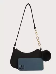 輕便商務休閒 Pom Pom 裝飾 Hobo 包，適合青少年女孩、女大學生、菜鳥和白領，非常適合辦公室、大學、工作、商務、通勤、戶外、旅行、郊遊 - 黑色 - 查看 5