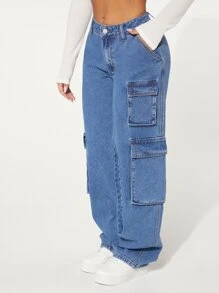 SHEIN SXY 側翻蓋口袋工裝牛仔褲