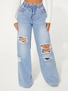 SHEIN SXY Drawstring Waist Cut Out Ripped Wide Leg Jeans - Light Wash - View 4