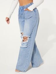 Drawstring Waist Hollow Out Distressed Wide Leg Jeans