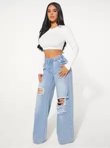 SHEIN SXY Drawstring Waist Cut Out Ripped Wide Leg Jeans - Light Wash - View 5
