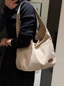 Corduroy Patch Detail Hobo Bag - Beige - View 2