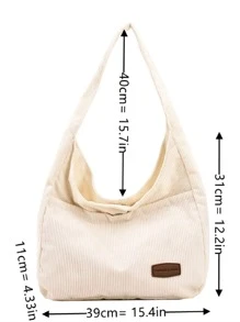Corduroy Patch Detail Hobo Bag - Beige - View 3