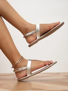 女士金屬質感蛇皮壓花夾腳丁字褲魅力四射夏天戶外踝帶平底涼鞋 - 銀色 - 查看 3