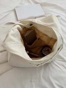 Corduroy Patch Detail Hobo Bag - Beige - View 4