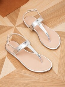 女士金屬質感蛇皮壓花夾腳丁字褲魅力四射夏天戶外踝帶平底涼鞋 - 銀色 - 查看 5