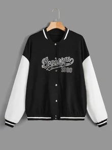 ROMWE Cazadora de universidad con letra de color combinado con botón delantero - Blanco y Negro - Ver 1