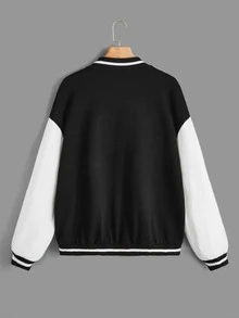 ROMWE Cazadora de universidad con letra de color combinado con botón delantero - Blanco y Negro - Ver 2