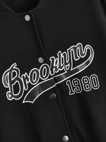 ROMWE Cazadora de universidad con letra de color combinado con botón delantero - Blanco y Negro - Ver 4