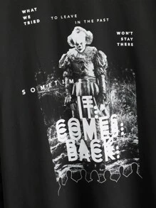 WB Horror | ROMWE Striped Sleeve Figure Graphic Tee - Black - View 9