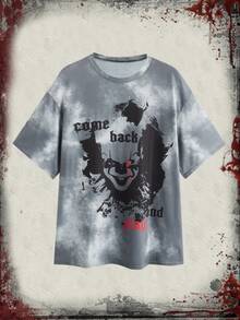 WB Horror | ROMWE Tie Dye Letter Graphic Tee - Grey - View 7