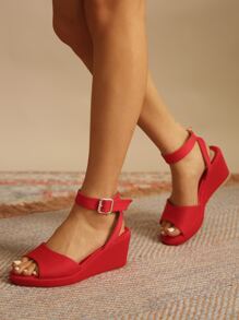 Neon-red Buckle Decor Ankle Strap Wedge Sandals - Red - View 2