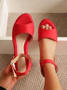 Neon-red Buckle Decor Ankle Strap Wedge Sandals - Red - View 3
