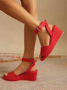 Neon-red Buckle Decor Ankle Strap Wedge Sandals - Red - View 4