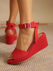 Neon-red Buckle Decor Ankle Strap Wedge Sandals - Red - View 5