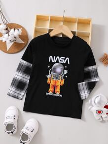 SHEIN 小男童格紋和小熊印花T恤