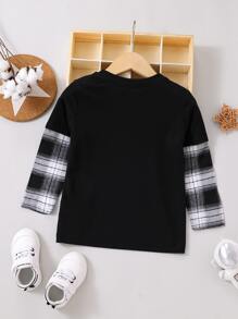 SHEIN 小男童格紋和小熊印花T恤