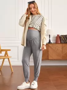 SHEIN 孕婦高腰下擺開叉長褲 - 灰色 - 查看 6