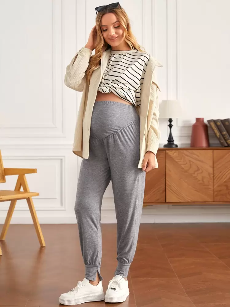 SHEIN Maternity High Waist Split Hem Pants - Grey - View 6