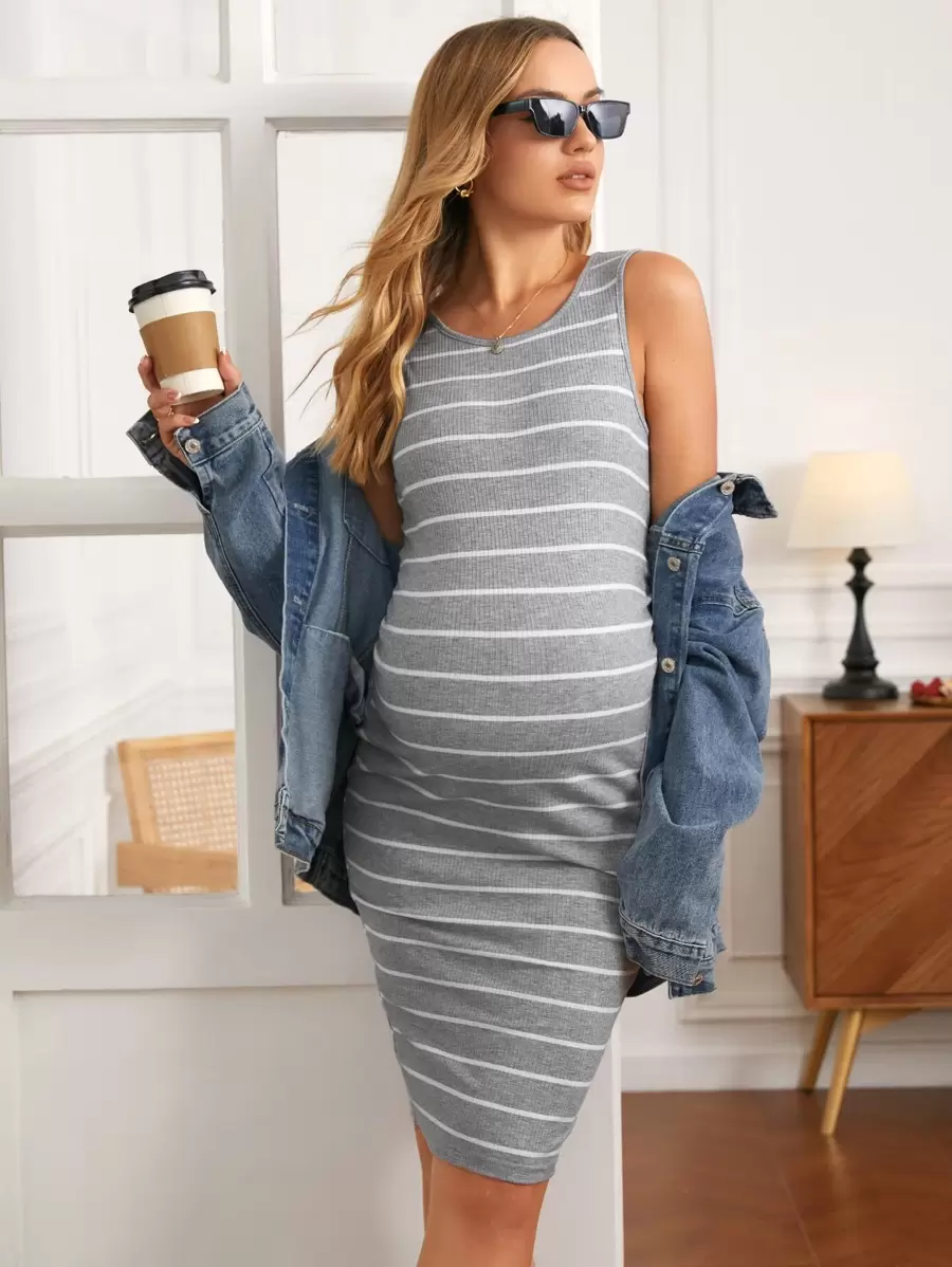 SHEIN Maternity Striped Tank Dress - Light Grey - View 1