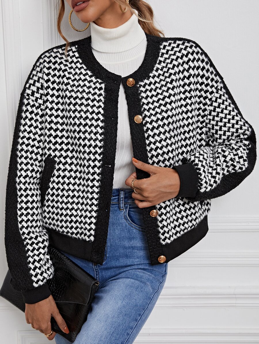 SHEIN Unity Houndstooth Print Drop Shoulder Tweed Overcoat - Black and White - View 1